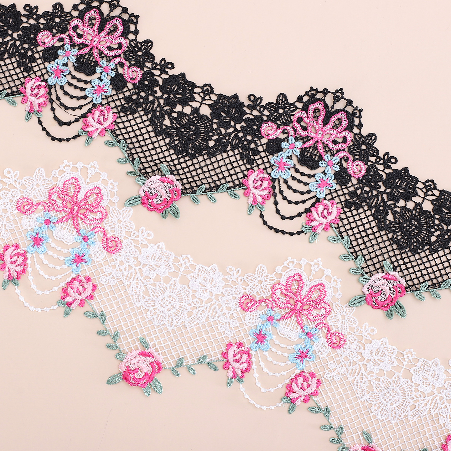 1 Yard Wide Water Soluble Lace Trim Suitable for DIY Dresses, Wedding Dresses, Blouses - 13cm Wide Bow & Flower Applique Sewing Trim with Soluble Thread, for Party Clothing Accessories, Ribbon for Dresses (//)